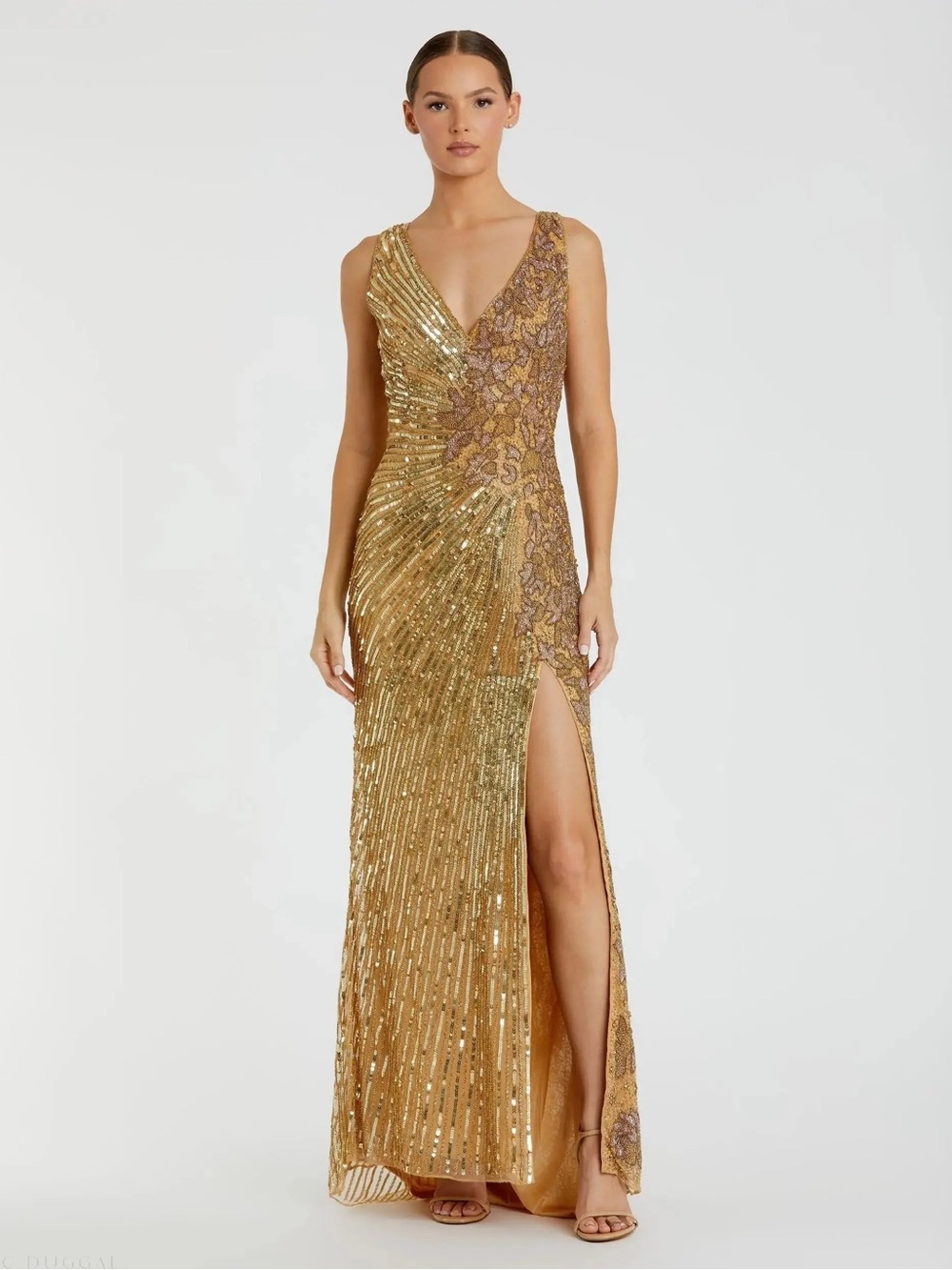 Mac Duggal 5473 Gold Embellished V Neck Beaded Floral Gown Sz 4 NEW